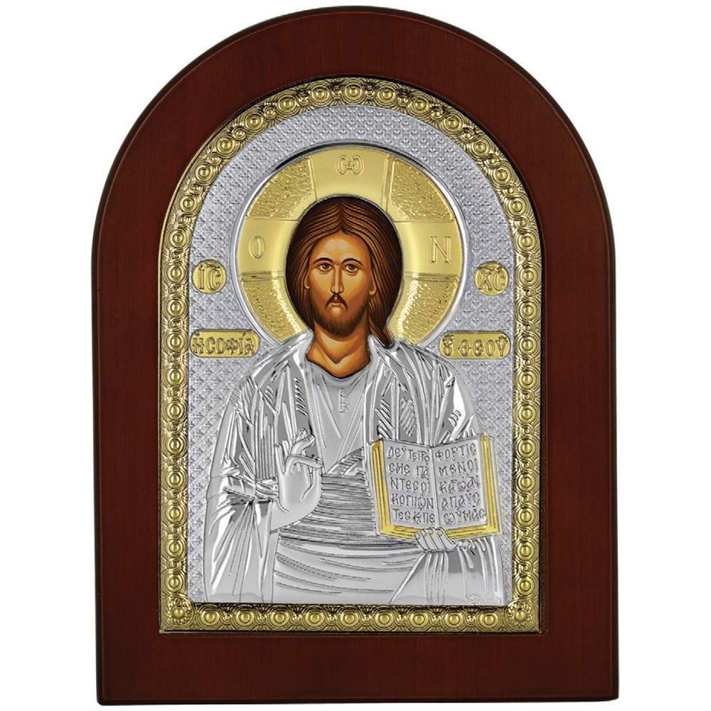 Ο Χριστός Χαρακτηριστικά Ασημένια 925ο. Με ξύλινη μπορντούρα. Διάσταση 10Χ14. Δίχρωμη.
