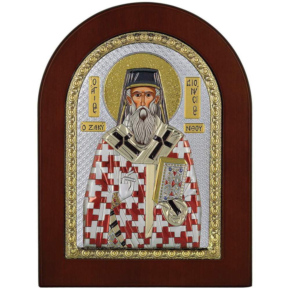 Άγιος Διονύσιος Χαρακτηριστικά Ασημένια 925ο. Με ξύλινη μπορντούρα. Διάσταση 10Χ14. Δίχρωμη.