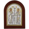 Άγιος Κωνσταντίνος και Άγία Ελένη Χαρακτηριστικά Ασημένια 925ο. Με ξύλινη μπορντούρα. Διάσταση 10Χ14. Δίχρωμη.
