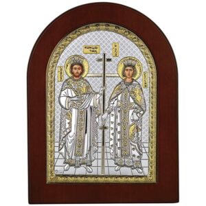 Άγιος Κωνσταντίνος και Άγία Ελένη Χαρακτηριστικά Ασημένια 925ο. Με ξύλινη μπορντούρα. Διάσταση 10Χ14. Δίχρωμη.