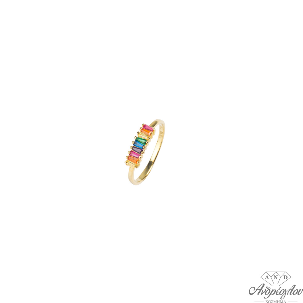 ΠΕΡΙΓΡΑΦΗ:Ασημένιο δαχτυλίδι 925 επιχρυσωμένο, διαθέτει χρωματιστές πέτρες zircon.  ΧΡΩΜΑ:Χρυσό