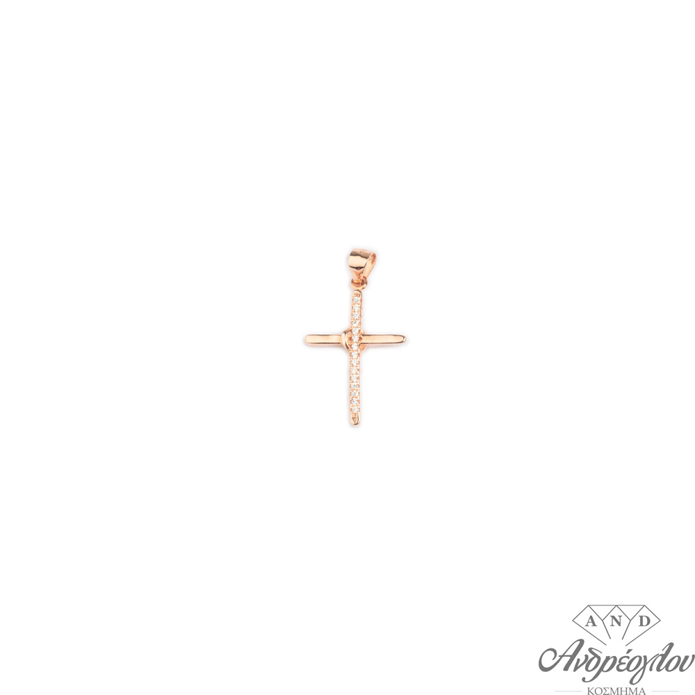 περιγραφή: Ασημένιος 925 σταυρός, ροζ επιχρυσωμένος με πέτρες zircon.  Μήκος σταυρού: 2,5 εκατοστά (+0,5 εκατοστό ο κρίκος)