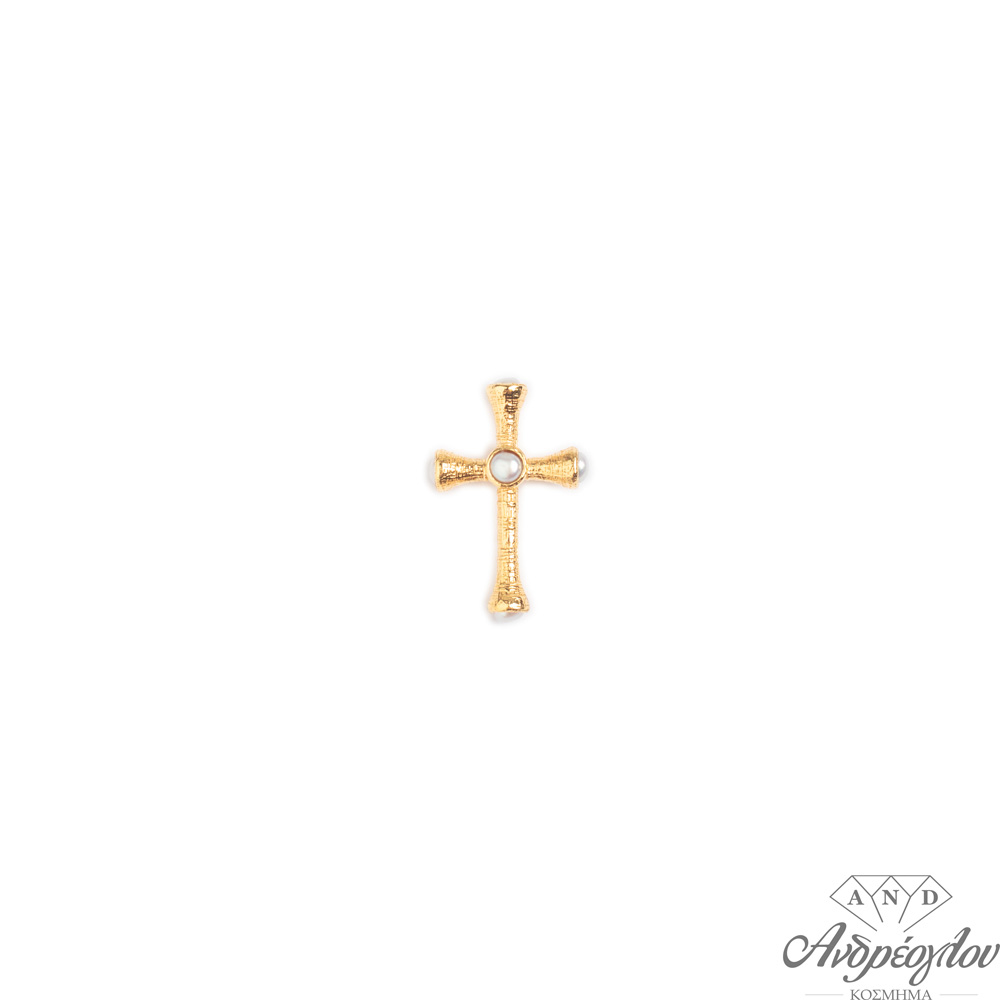 περιγραφή: Ασημένιος 925 σταυρός, επιχρυσωμένος με φυσικά μαργαριτάρια γλυκού νερού.  Μήκος σταυρού: 2,6 εκατοστά