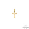 Description: 14 carat gold, cross.  It has a textured texture and a glossy cross on top.
