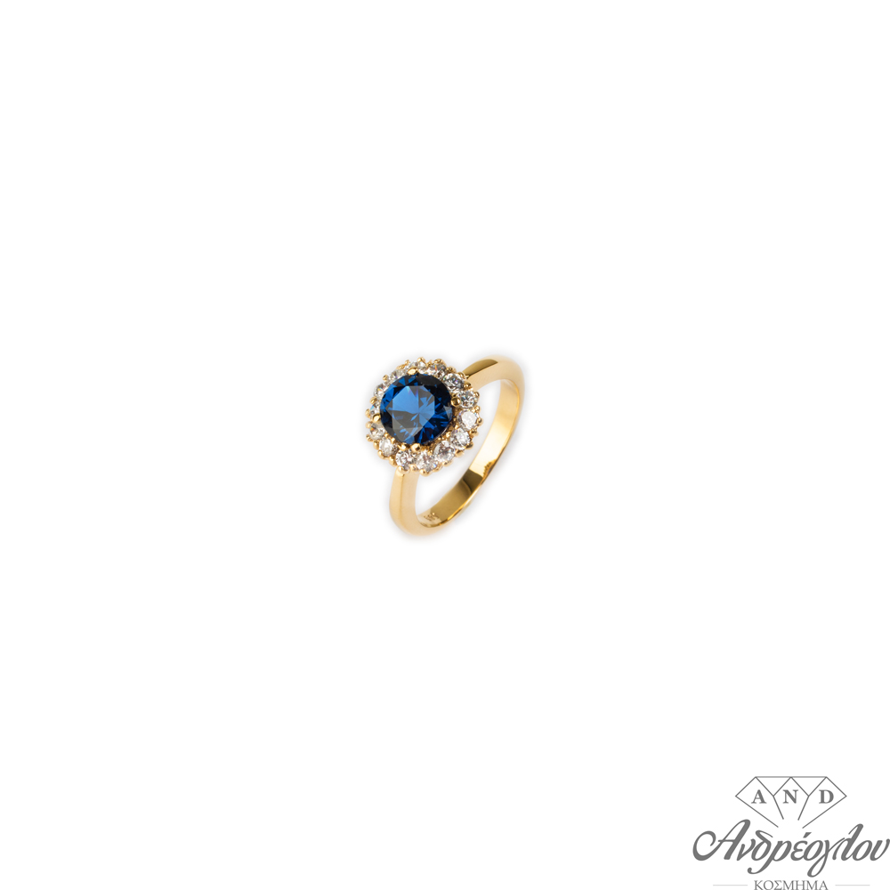 14ct Gold Ring.  It has a dark blue zircon stone round in the middle