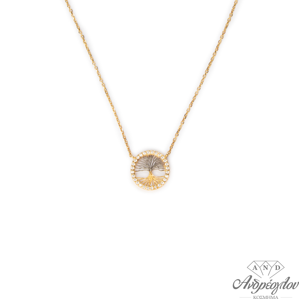 14ct Gold Necklace.  It has a tree of life with black platinum on the top