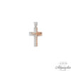 14 carat white gold with pink gold detail, cross.  It has the largest white zircon stones