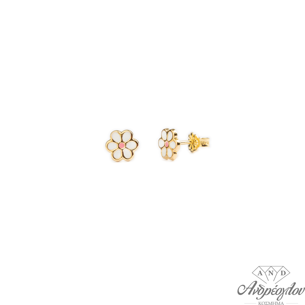 Description: 14ct gold earrings.  They have a flower design, with enamel